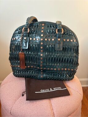 Vintage david & scotti Teal Basket  Weave Leather Stud Tote NWOT